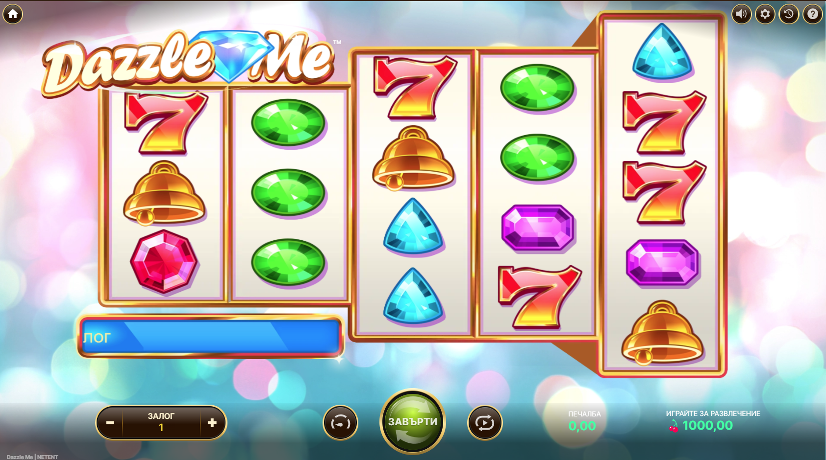 Dazzle Me ротативка от NetEnt, показваща игрални барабани със символи от скъпоценни камъни и червени седмици.