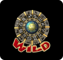 Лого на EGT ротативка Zodiac Wheel с зодиакален кръг, слънце и червен WILD символ.