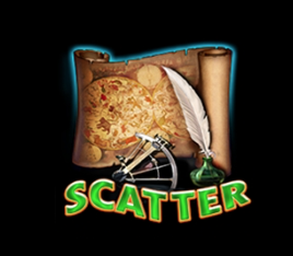 Scatter символ от слот играта Zodiac Wheel, изобразяващ старинна карта, перо и астролабия.