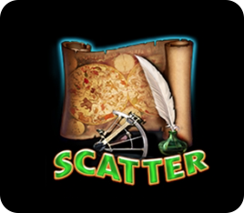 Scatter символ от слот играта Zodiac Wheel, изобразяващ старинна карта, перо и астролабия.