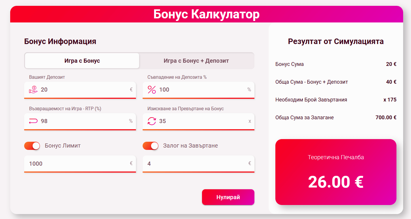 калкулатор за печалби на бонус за презареждане
