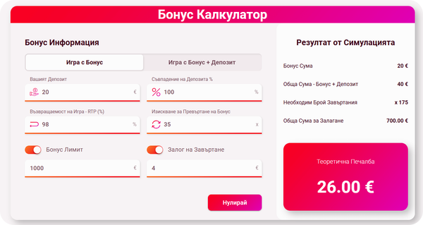 калкулатор за печалби на бонус за презареждане