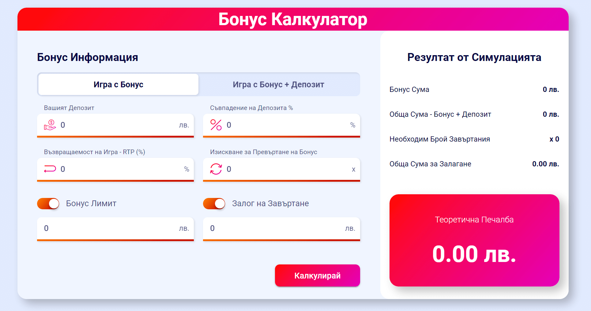 сравняване на бонус чрез бонус калкулатора на casinoslots