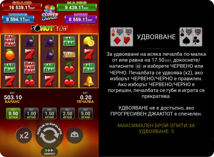 Казино Игри Ротативки 50 Hot Blast Clover Chance Опции за Удвояване на Печалбата