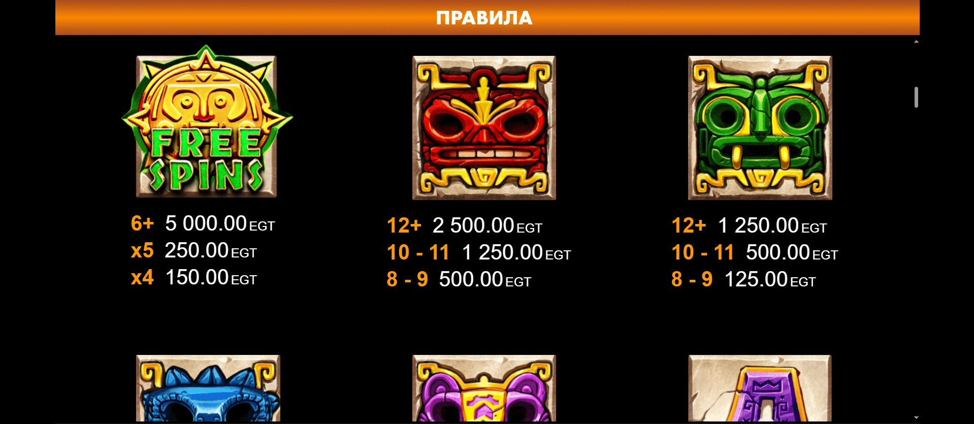 aztec rush печеливши символи